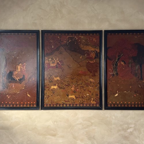 'Nayika' Large Trio Of Hand Painted Framed Oil On Board Panels