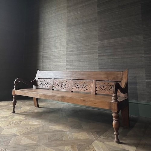 'Oswald' Solid Teak Wood Carved Scroll Arm Long Entrance Hall Bench