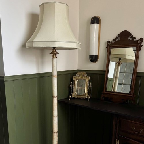 'Straight Up' Alabaster Floor Lamp With Brass Mounts And Shade