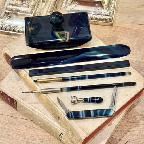 Rare Edwardian Blue Onyx Desk Set C1910
