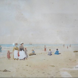 19Th C French Watercolour - Beach Scene