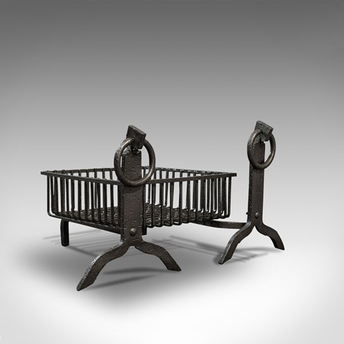 Antique Fireplace Set, Fire Basket And Andirons