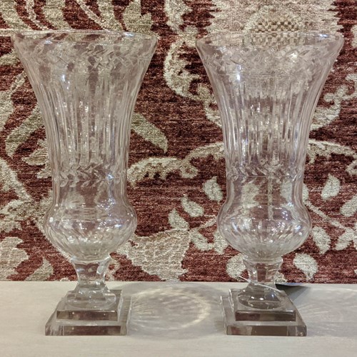 Pair Mid Century Cut Glass Storm Lanterns/Vases