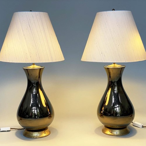Pr Gilt Glazed Ceramic Lamps With Bespoke Raw Silk Shades