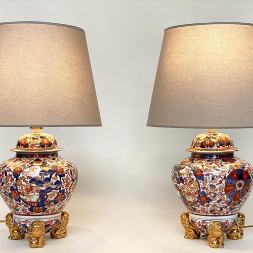 Pair Imari Design Ceramic Lidded Vase Form Lamps