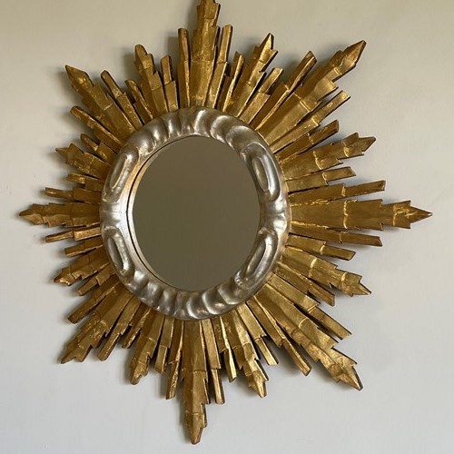 Mid Century Spanish Sunburst Giltwood And Silver-Giltwood Mirror