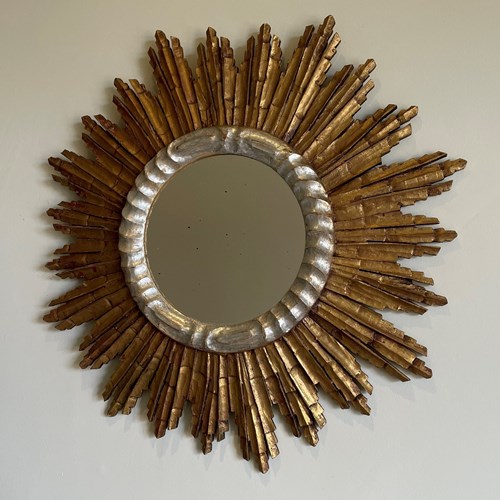 Large, Mid Century Spanish Giltwood And Silver Giltwood Sunburst Mirror 