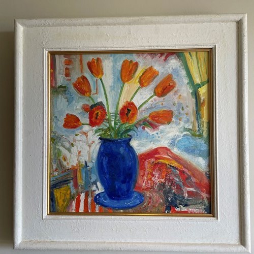 Still Life With Tulips In Cobalt Pottery Vase - Oil On Board. 