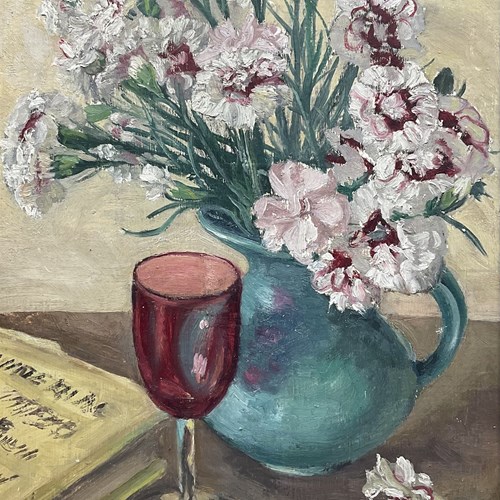 Mavis Blackburn, Still Life, Pinks In A Jug And Cranberry Wine Glassish 1923