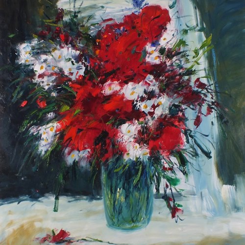 European School, Mid 20Thc Still Life With Poppies And Daisies, Oil On Canvas