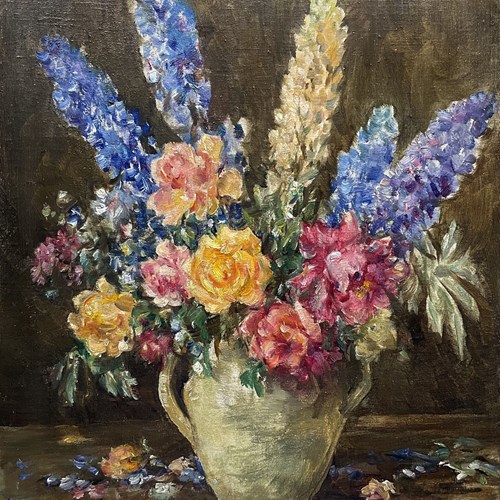 Owen Bowen (Staithes Group 1873-1967): Still Life Of Roses And Delphiniums, Oil 