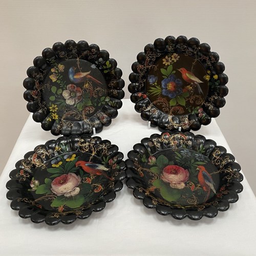 Set Four Beautiful Papier Mache Plates With Bird And Floral Painted Decoration