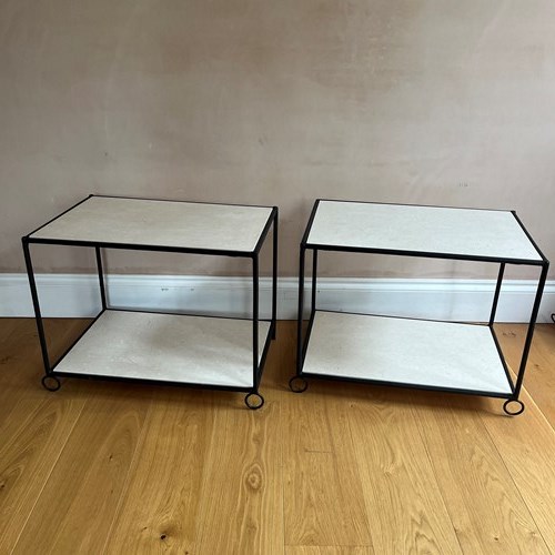 Pair Of  French Two Tier Black Metal And Stone Side Tables