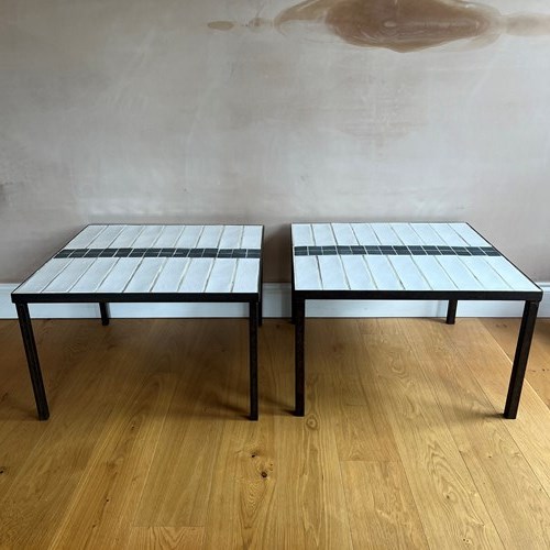 Pair Of French 1960’S Black Metal And Ceramic Side Tables