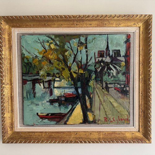 French 1950’S Post-Impressionist Painting Of Notre Dame