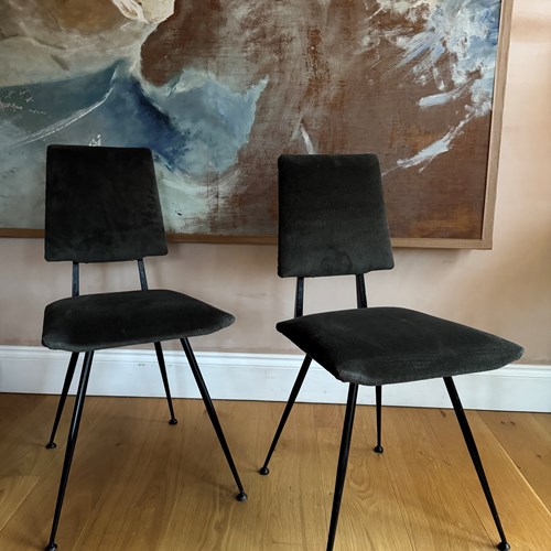 Pair Of Italian Black Metal And Green Velvet Side Chairs C.1960’S