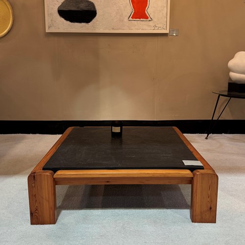 French 1970’S Pine And Textured Thick Slate Coffee Table