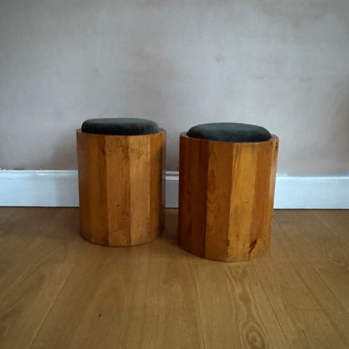 Pair Of French 1970’S Pine And Upholstered Stools