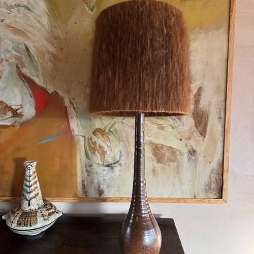 Tall French 1950’S Glazed Pottery Lamp With Fabric Shade