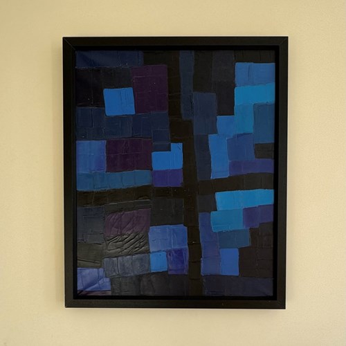 French 1970’S Blue Cubist Oil On Canvas Painting 