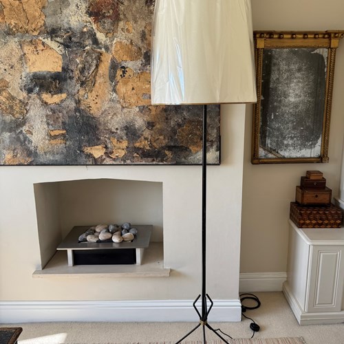 French 1950’S Tall Black Metal Floor Lamp With Rope Detail 