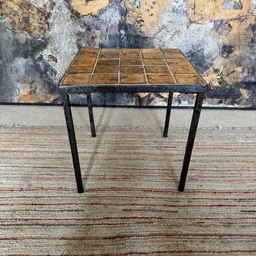 Small French Black Metal And Ceramic Tiled Side Table 