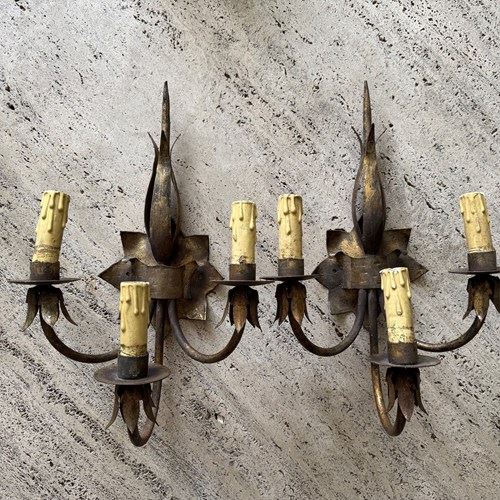 Pair Of Spanish Gilded Iron Wall Lights Ferrocolor