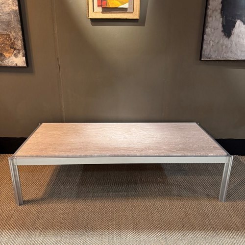 Large Travertine And Aluminium Coffee Table By George Ciancimino C.1970’S