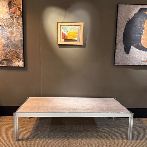 Large Travertine And Aluminium Coffee Table By George Ciancimino C.1970’S