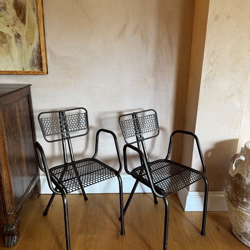 Pair Of Rene Malaval Pierced Metal Armchairs