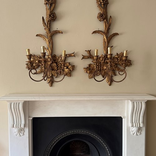 Stunning Large Pair Of Carved And Gilded Baroque Style Wall Light Sconces 