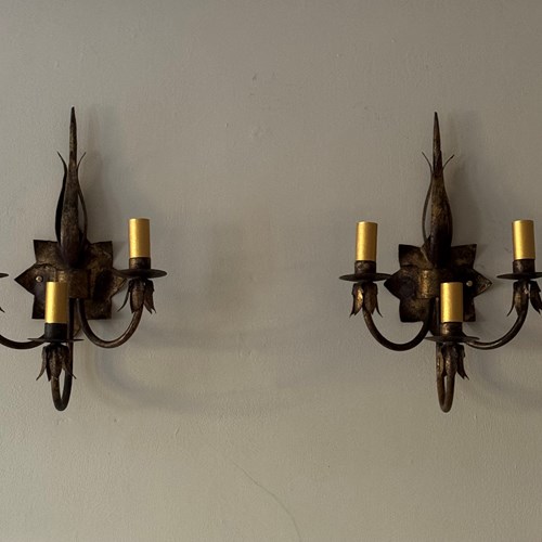 Pair Of Hand Crafted Ferrocolor Wall Sconces, Gilt Metal, Spain 1960’S