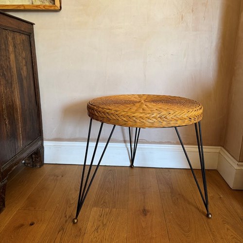 French 1950’S Wicker And Black Metal Side Table