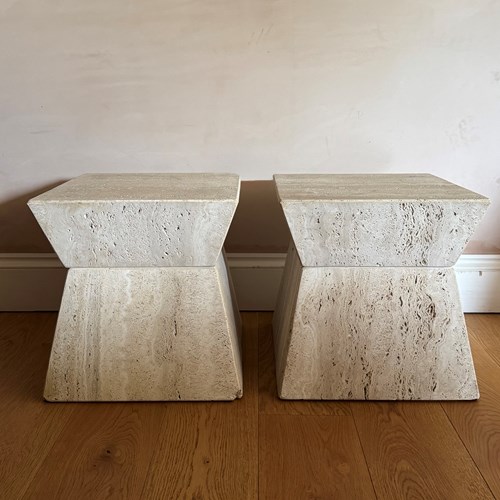 Pair Of Unfilled Travertine Side Tables