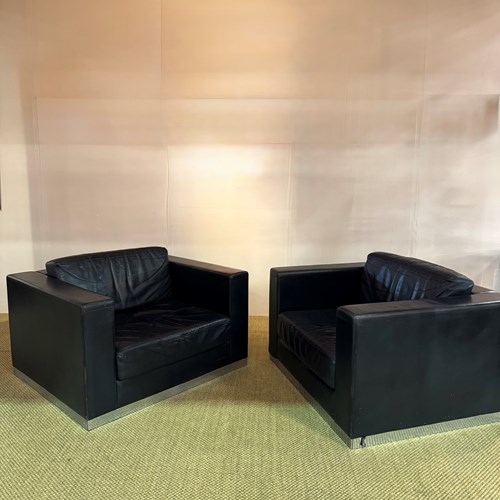 Pair Of Large 1970’S Blue Leather And Steel Base Arm Chairs 