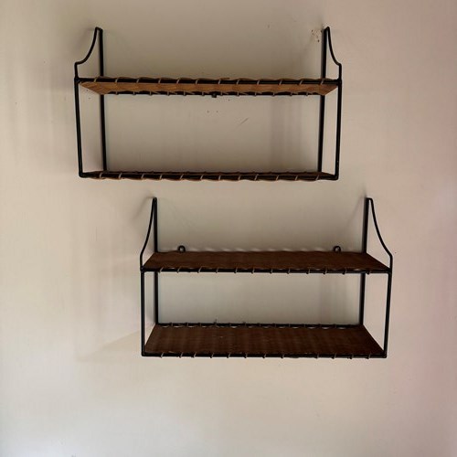 Pair Of Black Metal And Rattan Shelves Attributed To Raoul Guys