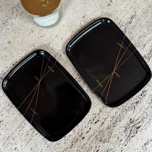 Pair Of Pretty 1960’S Enamelled Black And Gold Dishes