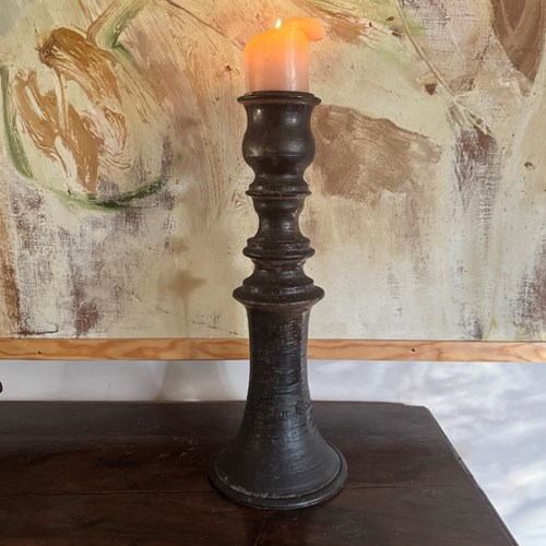 Tall Glazed Black Ceramic Candlestick By Jean Marais French C.1970’S