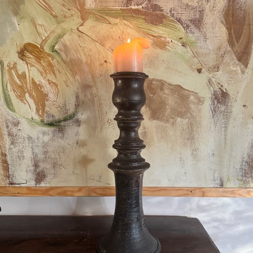 Tall Glazed Black Ceramic Candlestick By Jean Marais French C.1970’S