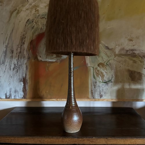 Tall French 1950’S Glazed Pottery Lamp With Fabric Shade