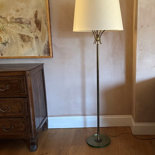 Italian 1950’S Gilt Metal Floor Lamp With Fontana Glass Base
