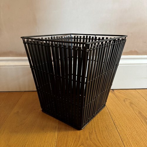 French Black Painted Wire And Bamboo Paper Basket