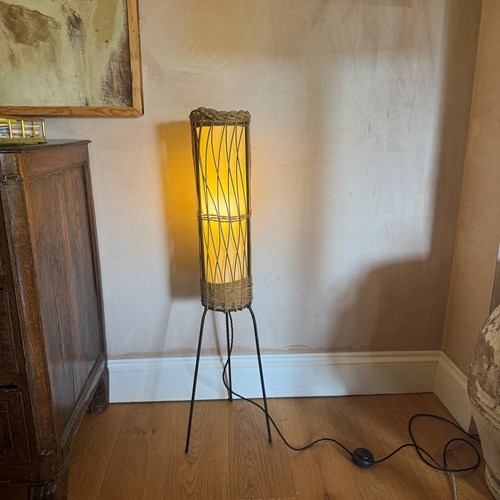 French 1950’S Wicker And Black Metal Floor Lamp