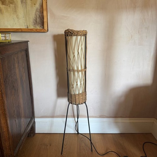 French 1950’S Wicker And Black Metal Floor Lamp