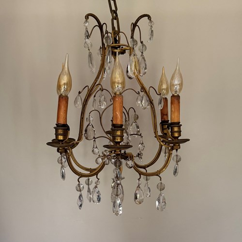 French Crystal Glass And Gilt Metal 6 Arm Chandelier 