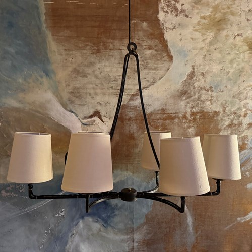 French 1950’S Black Iron 6 Armed Chandelier Ceiling Light