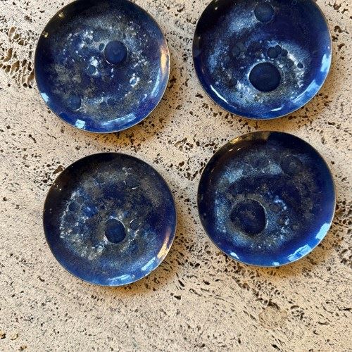 Four Small Enamel Copper Dishes With Blue Abstract Decoration