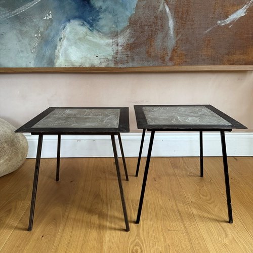 Pair Of French 1960’S  Iron And Concrete Side Tables Signed Pierre Machefer