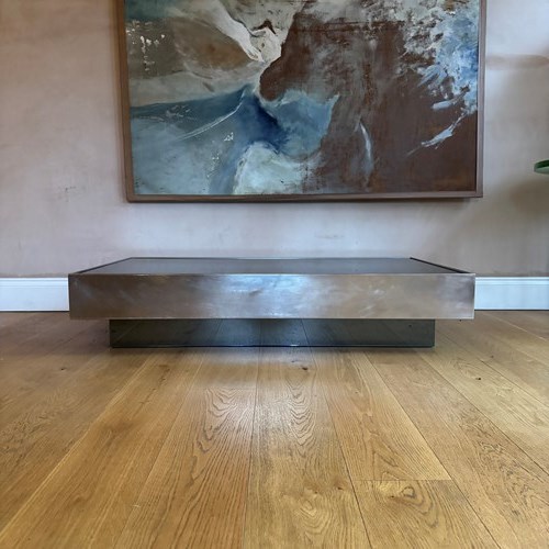 French 1970’S Steel And Mirrored And Glass Low Coffee Table
