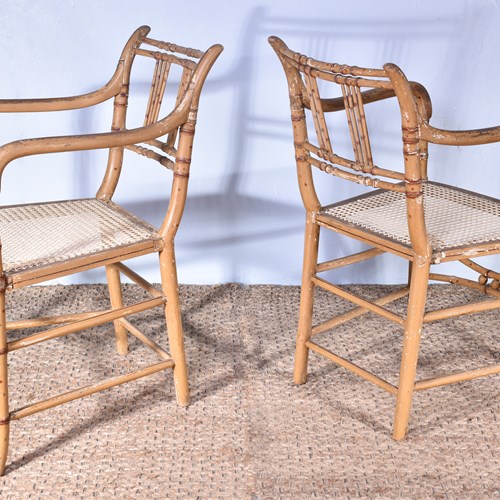 Pair Of Painted Faux Bamboo Armchairs